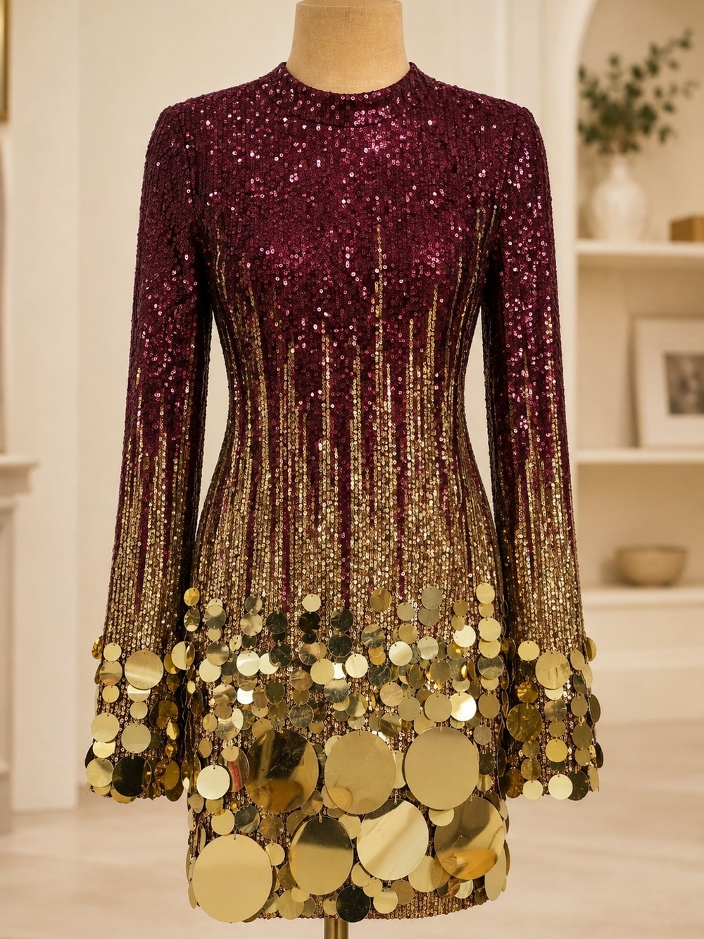 Sequins Burgundy and Gold Mini Dress Size Large